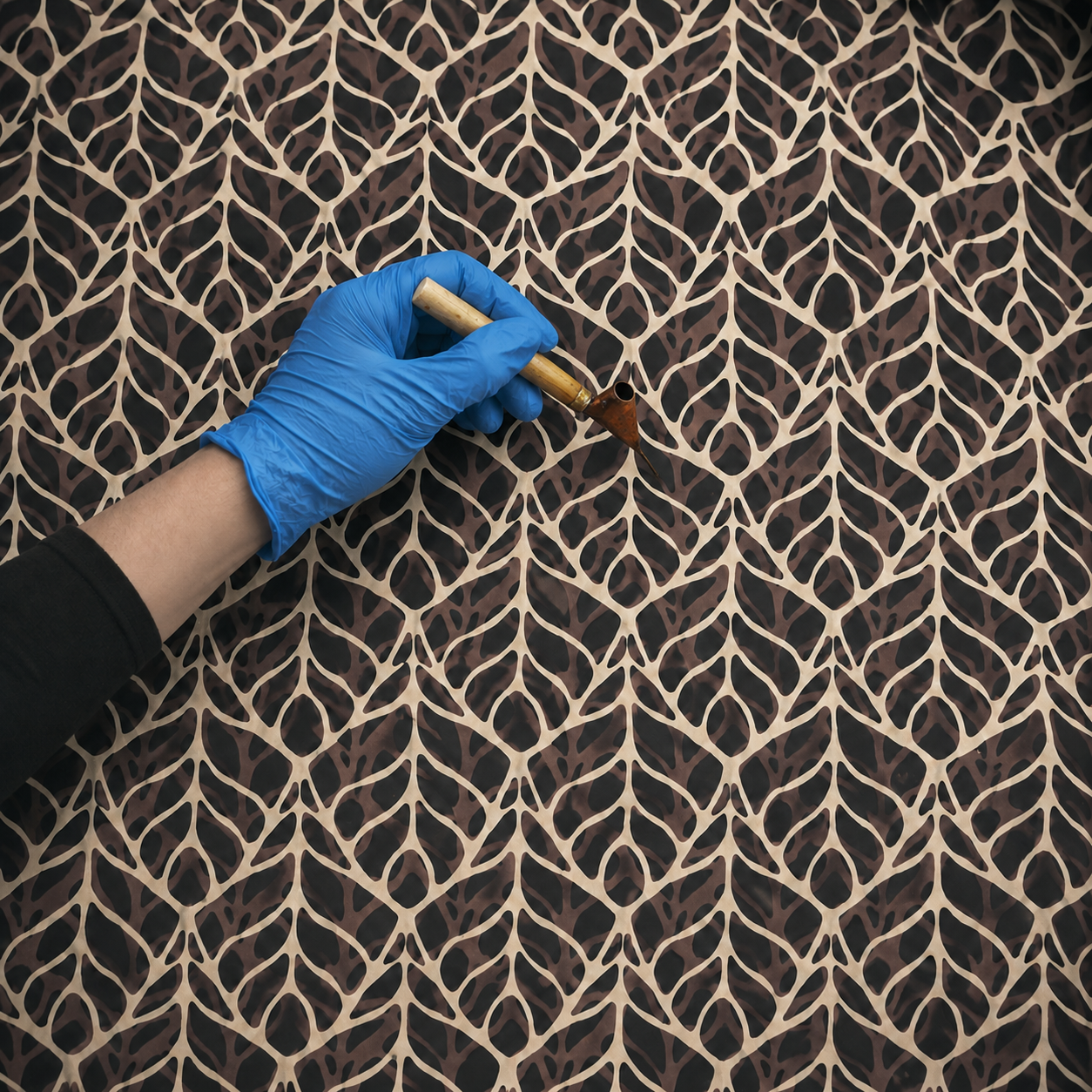 Person wearing a blue glove applying a brown substance to a textured surface with a tool.