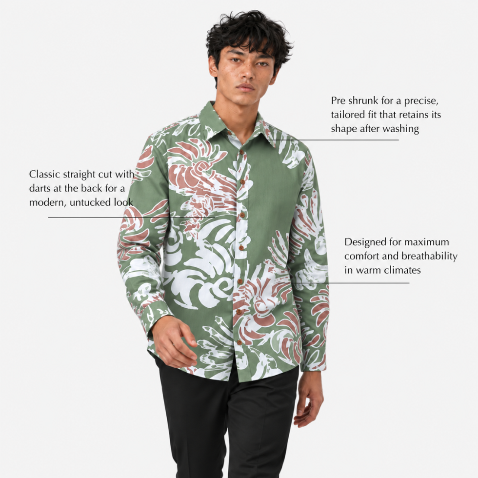 Man wearing a patterned shirt with text about its features on a light gray background