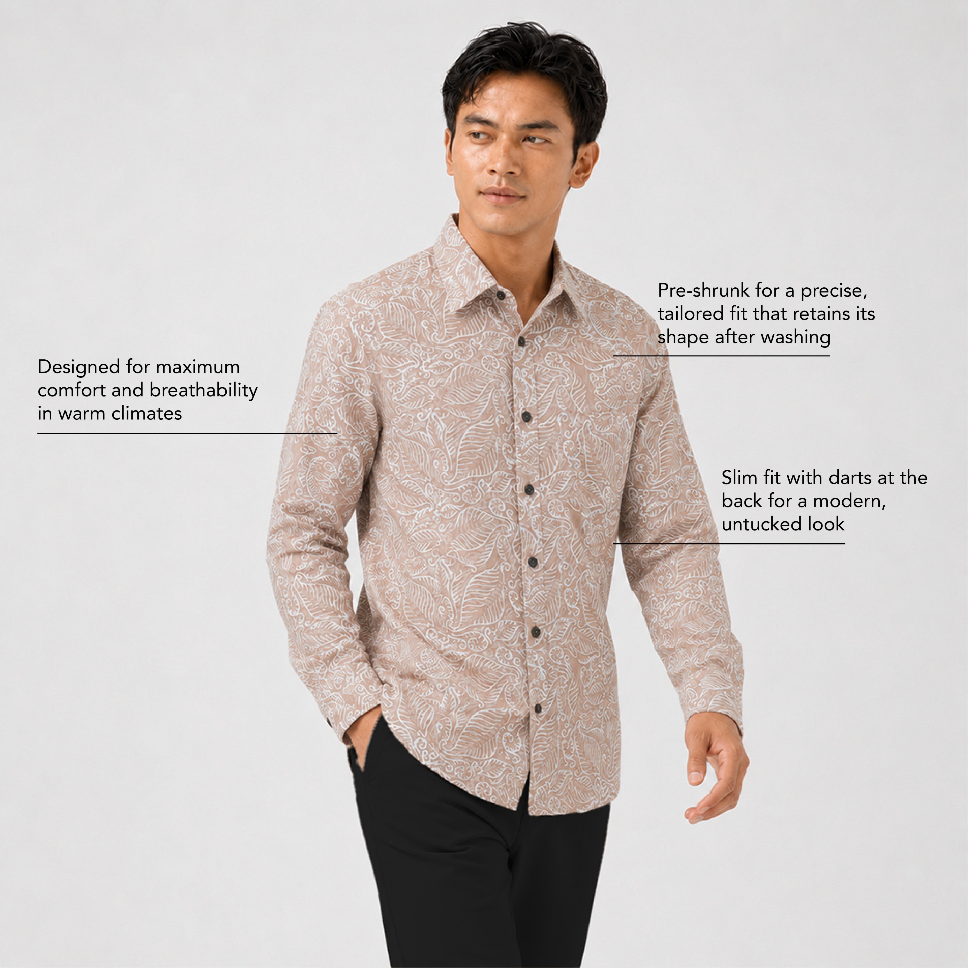 Man wearing a patterned shirt with text about its features on a white background
