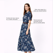 Woman wearing a blue floral dress with text describing its features on a white background