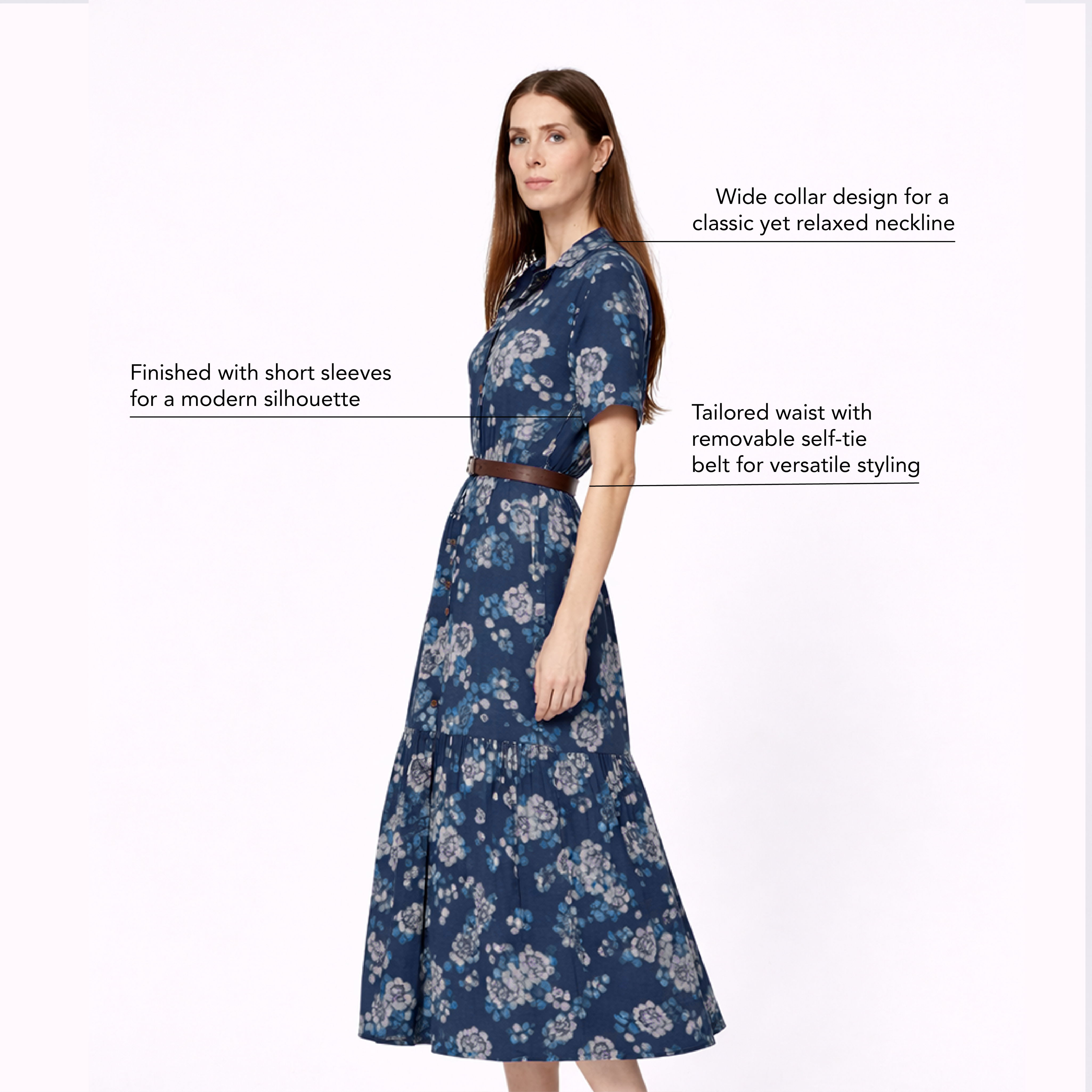 Woman wearing a blue floral dress with text describing its features on a white background