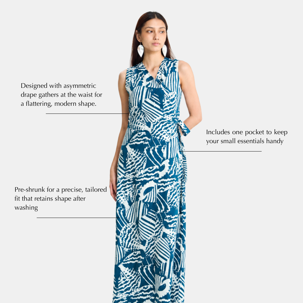 A woman modeling a sleeveless, floor-length dress with an abstract blue and white pattern, set against a light gray background with descriptive text callouts.