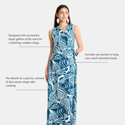 A woman modeling a sleeveless, floor-length dress with an abstract blue and white pattern, set against a light gray background with descriptive text callouts.