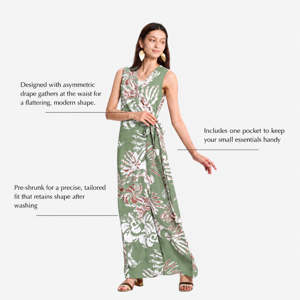 Woman wearing green printed batik dress, with labelled features