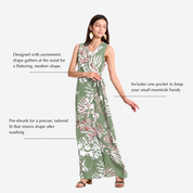 Woman wearing green printed batik dress, with labelled features