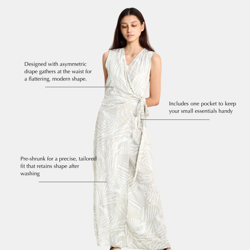 A woman modeling a sleeveless white maxi dress with a light gray abstract pattern, shown against a light gray background with text callouts describing its features.