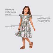 Girl wearing green batik dress with labelled features