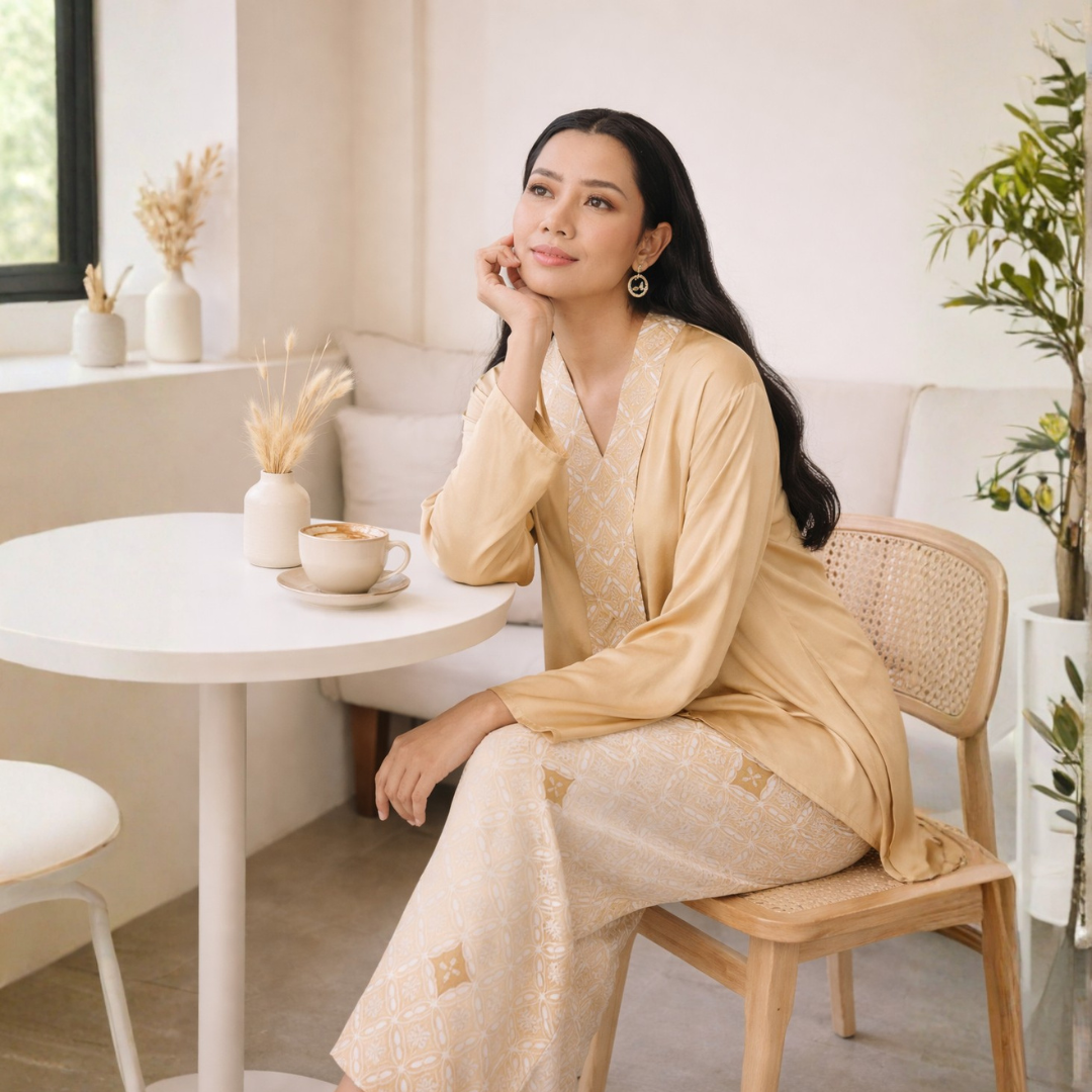 Woman in a beige traditional outfit sitting at a table with a cup of coffee in a cozy indoor setting.