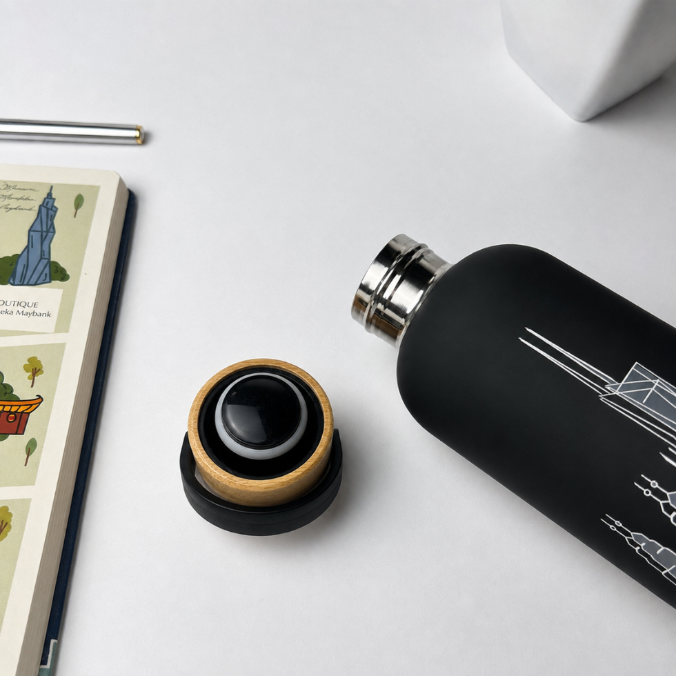 A matte black insulated bottle with a silver metal cap, shown beside its open lid on a light gray surface. The lid has a natural wood ring and a black center.