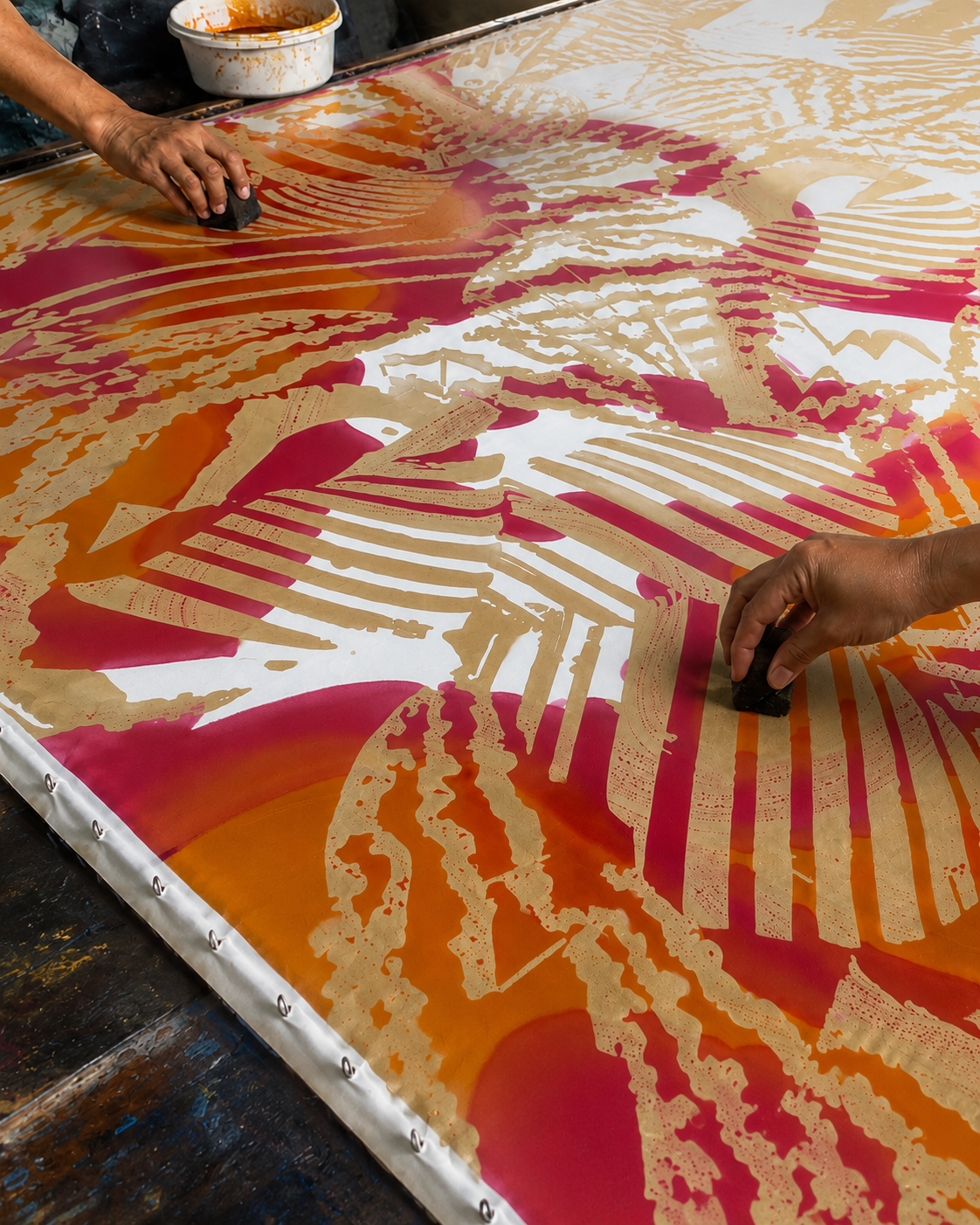 Person working on a colorful abstract artwork with patterns and colors.