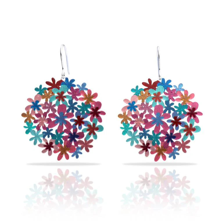 Colorful flower-shaped earrings on a white background