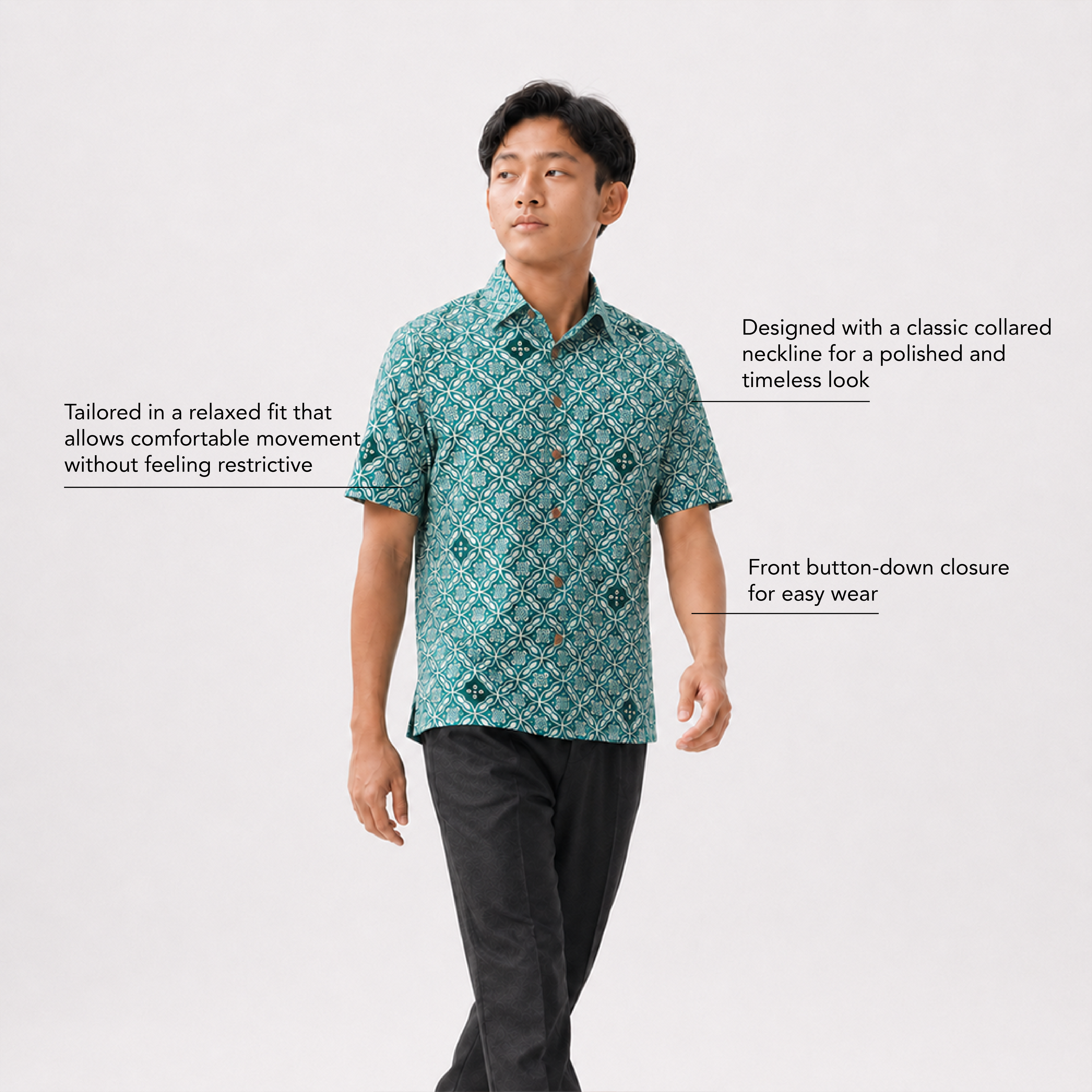 Man wearing a teal patterned shirt with text describing its features on a white background