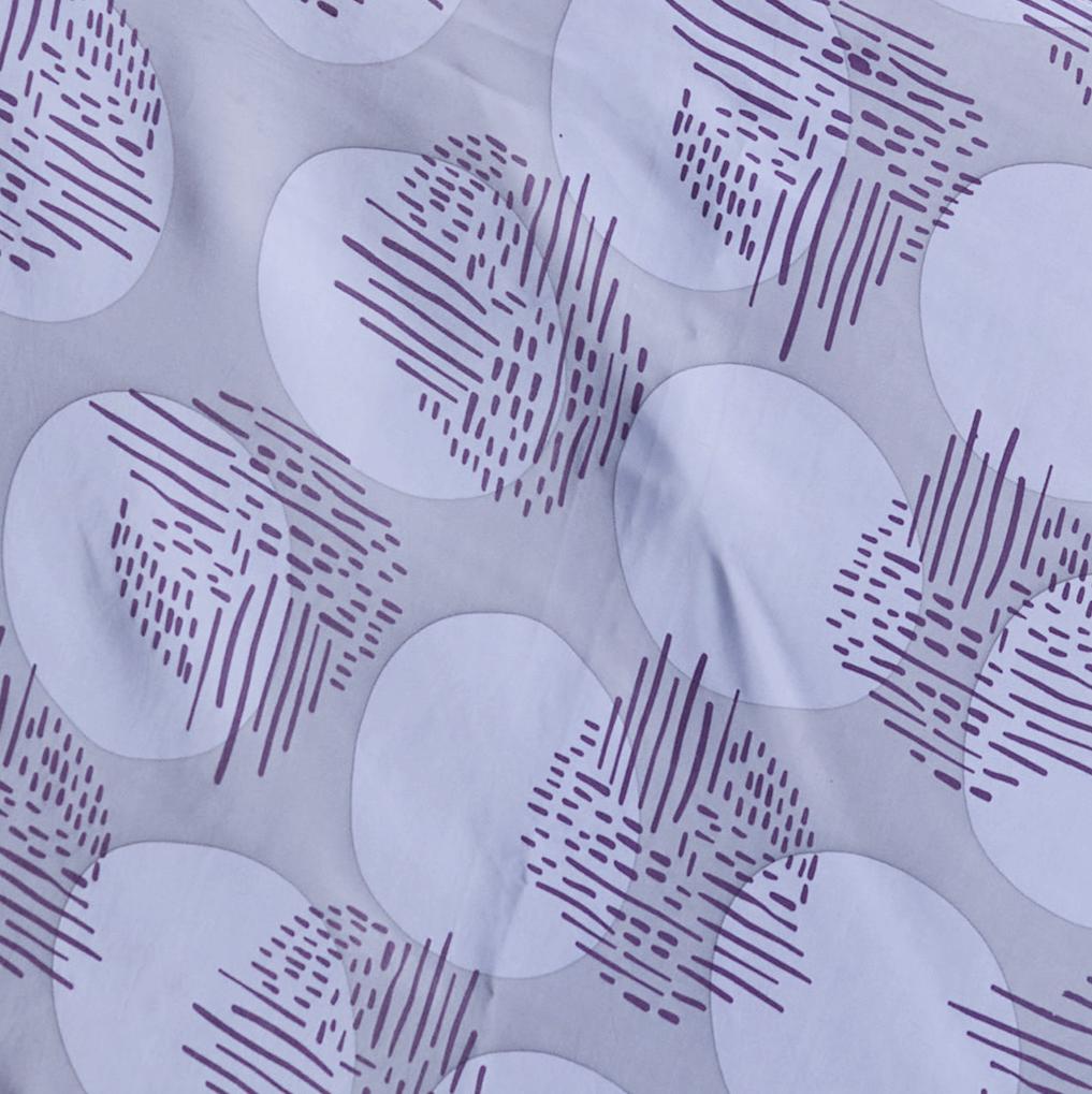 Pattern of purple circles and lines on a light gray background