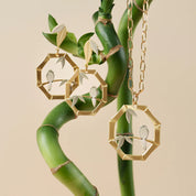 Gold hexagonal earrings with bird and leaf design hanging on a bamboo plant against a beige background