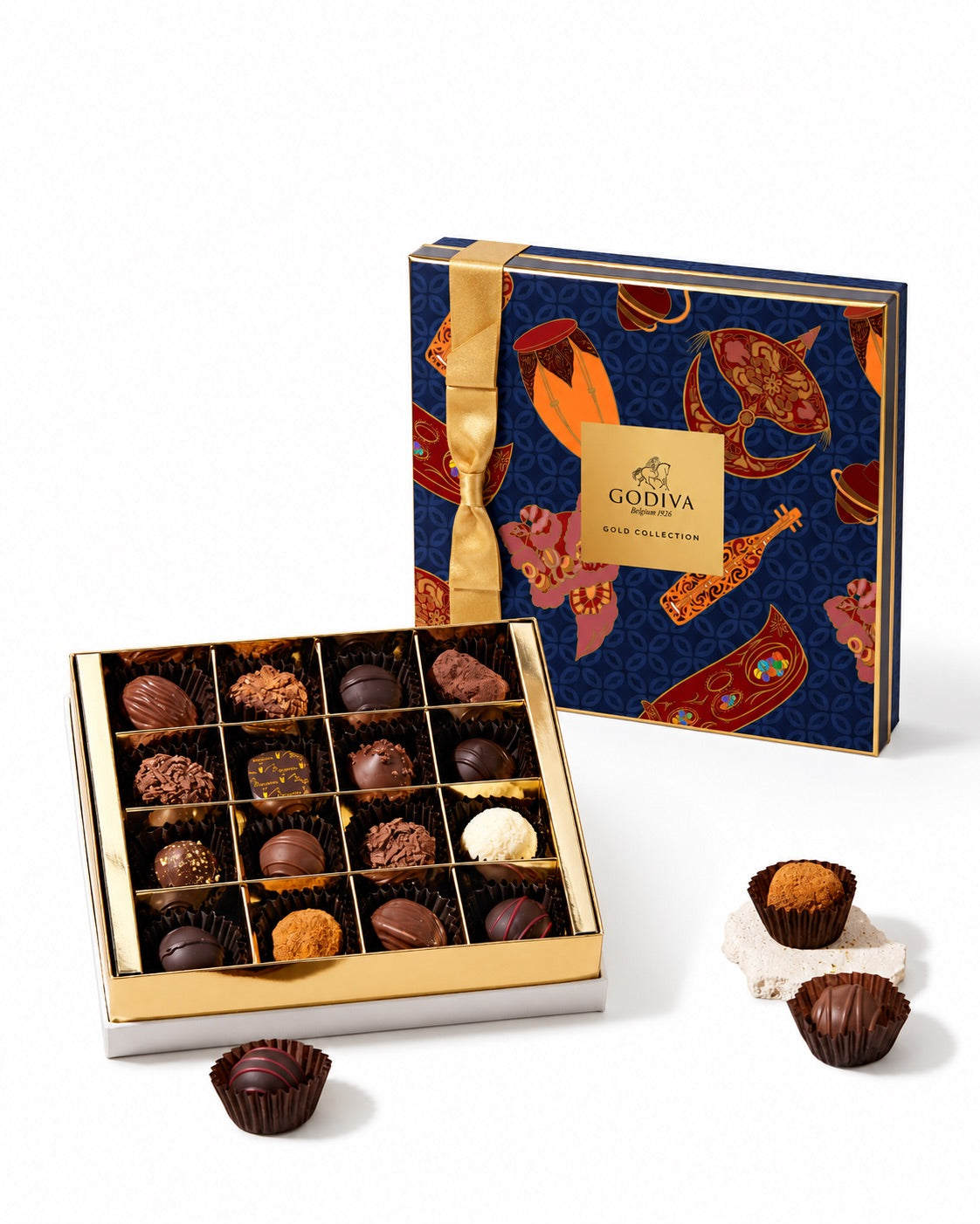 Godiva chocolate box with a selection of chocolates on a white background