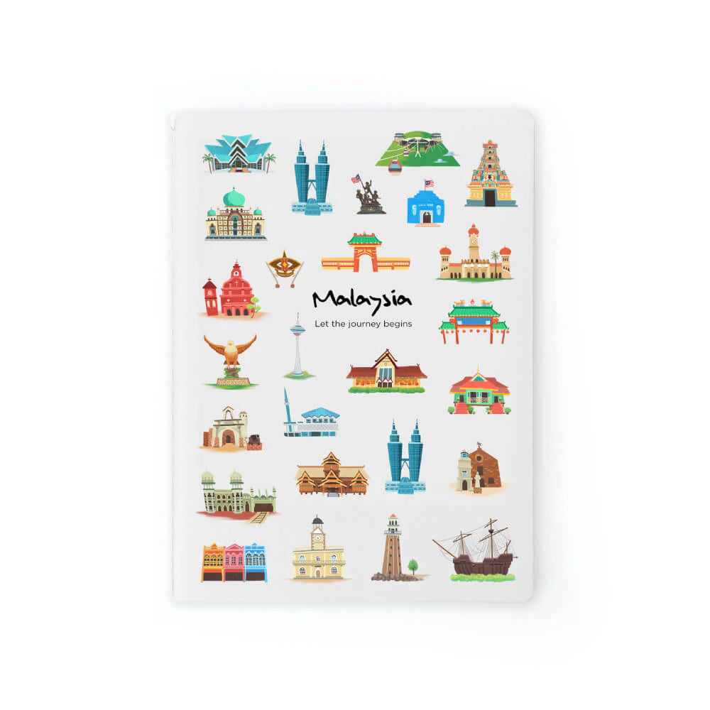 Sticker sheet with colorful illustrations of Malaysian landmarks on a white background