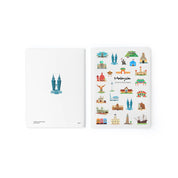 Book open to a page with illustrations of Malaysia landmarks on a white background