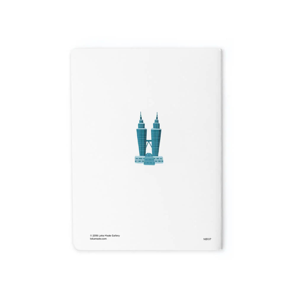 White notebook with blue illustration of a building on a white background