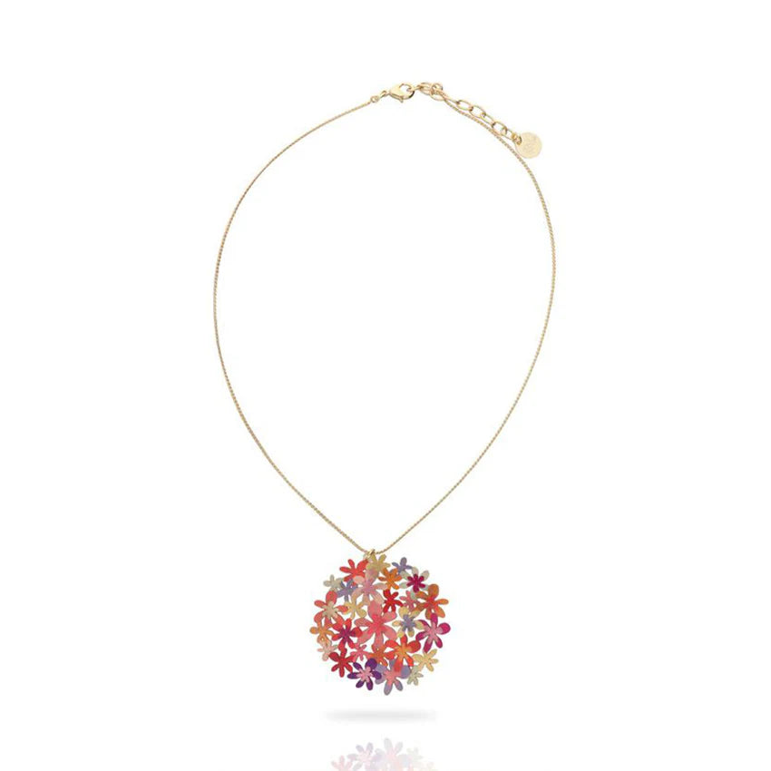 Necklace with a colorful floral pendant on a white background