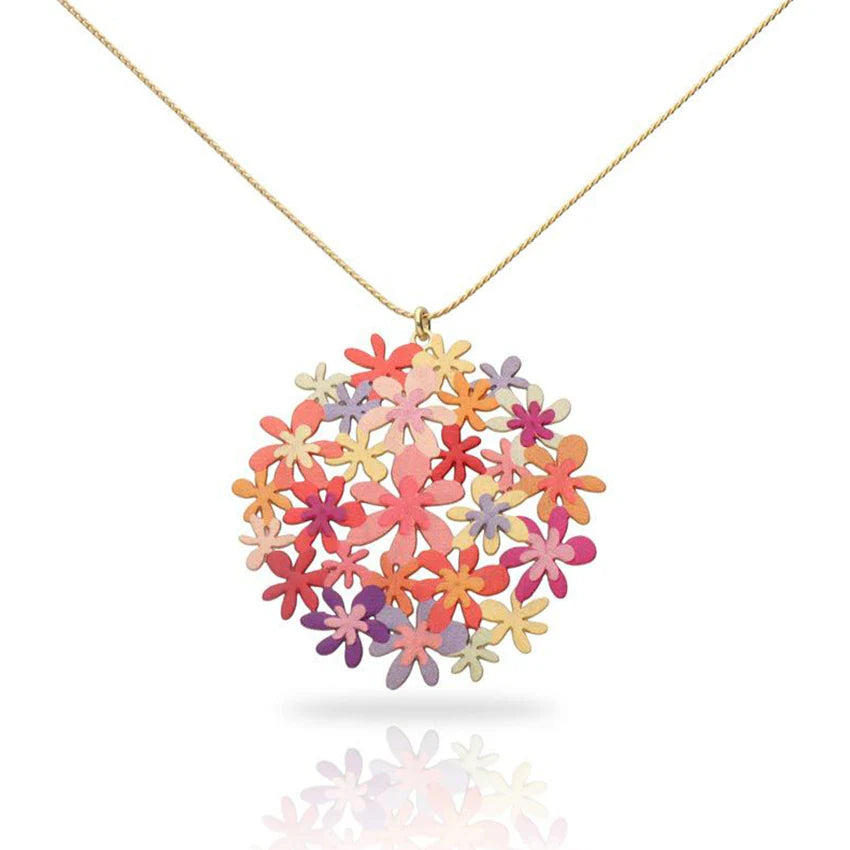 Colorful floral pendant necklace on a white background
