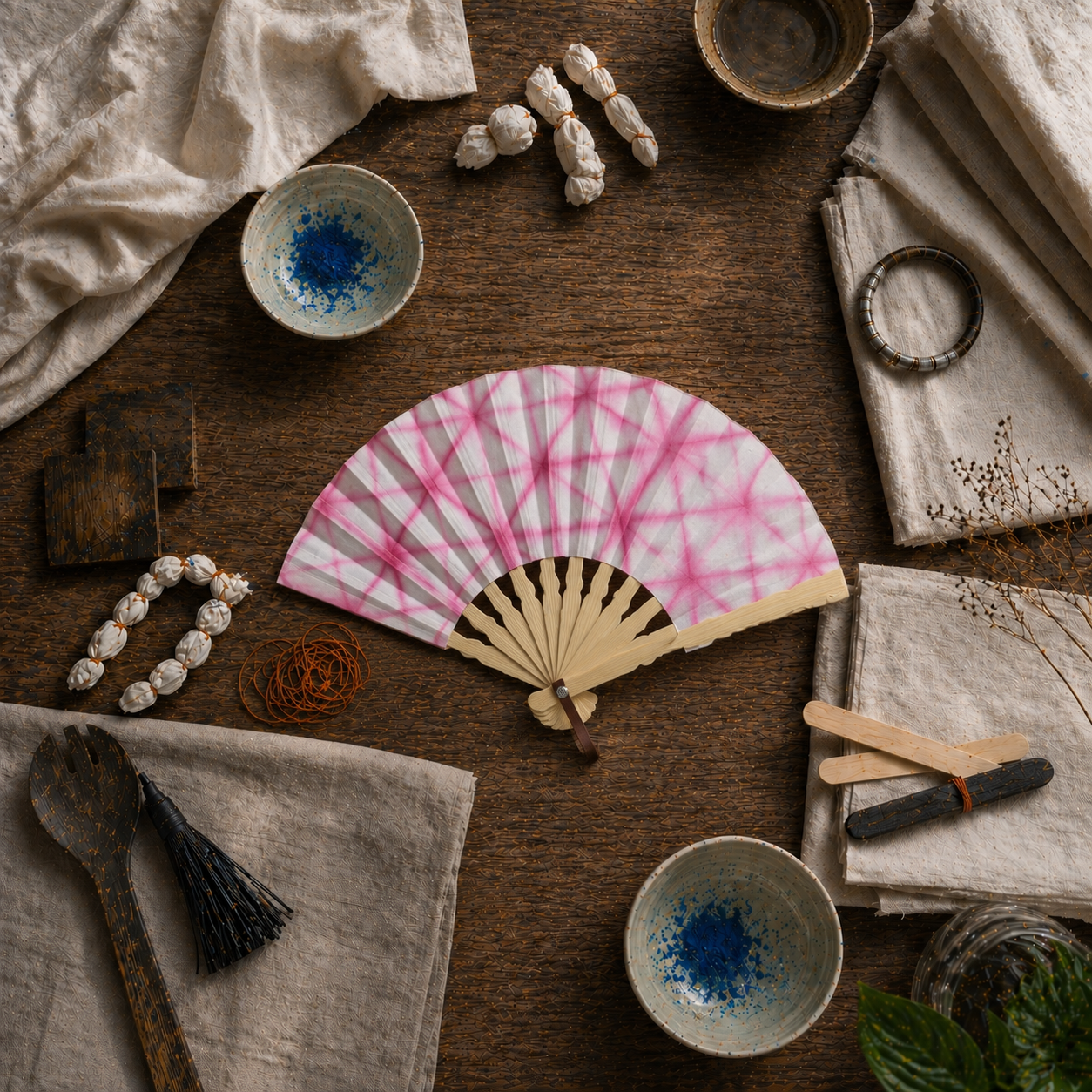 Pink tie-dye fan on a wooden surface with various items including bowls and fabric.